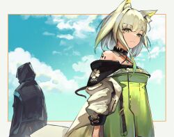 Rule 34 | 1girl, 1other, absurdres, animal ear fluff, animal ears, arknights, bare shoulders, blue sky, border, cat ears, closed mouth, cloud, commentary, doctor (arknights), dress, driftingtiger, english commentary, expressionless, green dress, green eyes, highres, kal&#039;tsit (arknights), looking at viewer, material growth, off-shoulder dress, off shoulder, oripathy lesion (arknights), outside border, sky, solo focus, upper body, white border