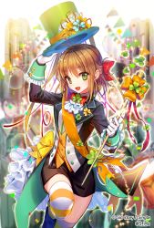 Rule 34 | 1girl, 4boys, baton, black hat, bow, bowtie, brown hair, clover, copyright name, gloves, green bow, green eyes, green hat, hair ribbon, hat, lapel pin, long hair, looking at viewer, multiple boys, official art, original, outdoors, red bow, red bowtie, ribbon, sid story, sila (carpen), solo focus, standing, standing on one leg, striped clothes, striped legwear, striped thighhighs, thighhighs, top hat, vest, watermark, white gloves, wrist cuffs
