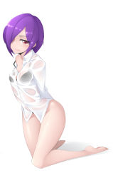 Rule 34 | 1girl, arms behind back, black bra, blouse, blue toilet paper, bra, hair over one eye, highres, kneeling, looking at viewer, original, red eyes, see-through, shirt, short hair, simple background, solo, underwear, wet, wet clothes, white shirt