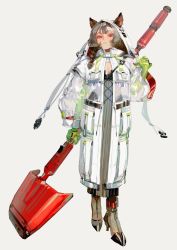 Rule 34 | 1girl, animal ears, brown hair, commentary, english commentary, gloves, green gloves, hand on own shoulder, high heels, holding, holding shovel, hood, hood up, huge weapon, looking down, original, shovel, solo, taro-k, weapon
