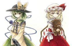 Rule 34 | 2girls, black headwear, blonde hair, blouse, bow, center frills, collared shirt, commentary request, crossed arms, crystal, diamond (shape), eyeball, flandre scarlet, flower, frilled shirt collar, frilled sleeves, frills, green eyes, green hair, green skirt, hair between eyes, hat, hat ribbon, highres, hisako (6anmbblfnjueeff), holding, komeiji koishi, long sleeves, medium hair, multiple girls, one side up, puffy short sleeves, puffy sleeves, red skirt, red vest, ribbon, rose, shirt, short hair, short sleeves, sidelocks, skirt, sleeves past fingers, sleeves past wrists, stuffed animal, stuffed toy, tears, teddy bear, third eye, touhou, traditional media, vest, waist bow, wavy hair, white background, white shirt, wide sleeves, yellow eyes, yellow flower, yellow ribbon, yellow rose, yellow shirt