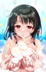 Rule 34 | 10s, 1girl, bare shoulders, black hair, breasts, blowing bubbles, commentary request, eyebrows, hayakawa akari, highres, jitome, kantai collection, large breasts, looking at viewer, red eyes, short hair, soap bubbles, solo, takao (kancolle), water, wet