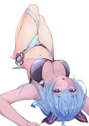 Rule 34 | 1girl, absurdres, ahoge, arms up, bare arms, bare legs, bare shoulders, barefoot, bikini, black bikini, blue hair, breasts, cleavage, commentary, ganyu (genshin impact), genshin impact, highres, horns, il hyang, knees up, large breasts, looking at viewer, lying, navel, o-ring, o-ring bikini, on back, parted lips, purple eyes, simple background, solo, stomach, swimsuit, thighs, upside-down, white background