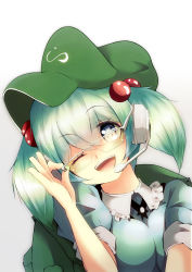 Rule 34 | 1girl, :d, backpack, bag, bespectacled, blue eyes, breasts, glasses, green hair, hair bobbles, hair ornament, hat, headset, highres, hiro thursday, kawashiro nitori, large breasts, one eye closed, open mouth, puffy short sleeves, puffy sleeves, short sleeves, simple background, smile, solo, touhou, two side up, upper body, white background