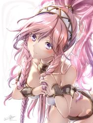 Rule 34 | 1girl, absurdres, artist name, ass, bare shoulders, blush, bracelet, breasts, clear glass (mildmild1311), cleavage, collar, collarbone, dancer, fire emblem, fire emblem awakening, fire emblem heroes, groin, hairband, highres, intelligent systems, jewelry, leaning forward, long hair, looking at viewer, medium breasts, midriff, navel, nintendo, olivia (fire emblem), pink hair, ponytail, purple eyes, revealing clothes, signature, simple background, smile, solo, very long hair, white background, white hairband, wrist cuffs, wristband