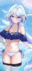 Rule 34 | 1girl, absurdres, ahoge, bare shoulders, bikini, blue bikini, blue eyes, blue hair, blue sky, cloud, commentary request, day, furina (genshin impact), genshin impact, hair between eyes, highres, long hair, looking at viewer, navel, no headwear, off-shoulder bikini, off shoulder, sky, solo, standing, stomach, swimsuit, thigh strap, thighs, urtrasensei, very long hair, wading, water
