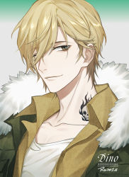 Rule 34 | 1boy, blonde hair, brown eyes, character name, closed mouth, collar, collarbone, collared shirt, dino (reborn), fur collar, fur trim, green background, grey background, hair between eyes, high collar, katekyo hitman reborn!, looking at viewer, male focus, multicolored background, ru (famia), shirt, short hair, simple background, smile, solo, tattoo, upper body, yellow shirt