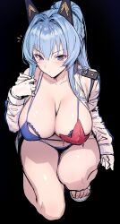 Rule 34 | 1girl, bikini, black background, blue bikini, blue eyes, blue hair, blush, braid, breasts, cleavage, gloves, goddess of victory: nikke, hair intakes, haoni, headgear, helm (aqua marine) (nikke), helm (nikke), highres, large breasts, long hair, looking at viewer, official alternate costume, on one knee, open clothes, open shirt, ponytail, shirt, solo, starfish, swimsuit, white gloves, white shirt