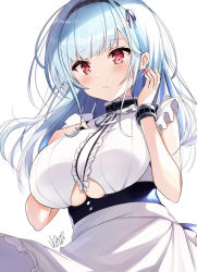 Rule 34 | 1girl, apron, azur lane, bare shoulders, blue hair, breasts, closed mouth, clothing cutout, dido (azur lane), dress, earrings, frilled dress, frills, hairband, jewelry, large breasts, long hair, looking at viewer, maid, maid apron, nenobi (nenorium), red eyes, signature, simple background, solo, underboob, underboob cutout, upper body, waist apron, white background, white dress