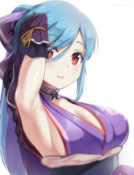 Rule 34 | .live, 1girl, absurdres, arm up, armpits, blue hair, blurry foreground, breasts, cleavage, detached sleeves, highres, japanese clothes, large breasts, long hair, looking at viewer, red eyes, smile, solo, virtual youtuber, yamato iori