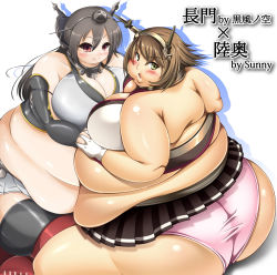 Rule 34 | 2girls, blush, breasts, brown hair, fat, highres, large breasts, multiple girls, red eyes, sunny (hono), text focus, translation request, yellow eyes