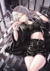 Rule 34 | 1girl, ahoge, black robe, black shirt, black skirt, breasts, closed mouth, cowboy shot, fate/grand order, fate (series), fire escape, highres, jeanne d&#039;arc (fate), jeanne d&#039;arc alter (avenger) (fate), jeanne d&#039;arc alter (fate), large breasts, leather skirt, lying, navel, on back, pencil skirt, robe, shirt, sidewalk, sign, silver hair, skirt, solo, tsurime, urban, whitecrow4444, wide sleeves, yellow eyes