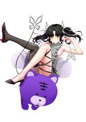 Rule 34 | 1girl, absurdres, armpits, black footwear, black hair, black ribbon, black thighhighs, blush, breasts, closed mouth, commentary request, demon girl, demon horns, demon tail, full body, grey sweater, high heels, highres, horns, kojo anna, kojo anna (3rd costume), leg ribbon, long hair, looking at viewer, medium breasts, meme attire, multicolored hair, nanashi inc., official alternate costume, parted bangs, pointy ears, purple hair, ribbon, sankyo (821-scoville), sideboob, simple background, single thighhigh, smile, solo, stuffed animal, stuffed tiger, stuffed toy, sugar lyric, sweater, tail, thighhighs, transparent background, two-tone hair, two side up, virgin killer sweater, virtual youtuber, yellow eyes