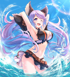 Rule 34 | 1girl, ;d, animal ears, arms up, bikini, black bikini, black bow, blue sky, blush, bow, breasts, cloud, commentary request, contrapposto, day, frilled bow, frills, granblue fantasy, groin, hair bow, highres, large breasts, long hair, looking at viewer, low twintails, navel, one eye closed, open mouth, outdoors, purple eyes, purple hair, satyr (granblue fantasy), sky, smile, solo, standing, swimsuit, tomo (tmtm mf mf), twintails, very long hair, wading, water