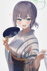 Rule 34 | 1girl, absurdres, alternate costume, auui, belt pouch, blue archive, blue eyes, blue hair, braid, braided bangs, breasts, green halo, grey kimono, halo, hand fan, highres, holding, holding fan, japanese clothes, kimono, large breasts, long sleeves, looking at viewer, obi, open mouth, paper fan, ponytail, pouch, saki (blue archive), sash, shirt grab, smile, solo, uchiwa, wide sleeves