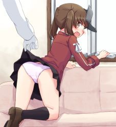 Rule 34 | 1boy, 1girl, admiral (kancolle), angry, ass, black socks, blush, brown eyes, brown footwear, brown hair, clothes lift, commentary, couch, crotch seam, from behind, frown, gloves, grey headwear, hair tie, holding, indoors, jacket, kakizaki (chou neji), kantai collection, kneehighs, kneeling, leaning forward, lifting another&#039;s clothes, loafers, long hair, long sleeves, looking at viewer, looking back, medium hair, on couch, open mouth, out of frame, panties, purple panties, rag, red jacket, ryuujou (kancolle), school uniform, shoes, single vertical stripe, skirt, skirt lift, socks, twintails, underwear, uniform, visor cap, white gloves, white jacket, window