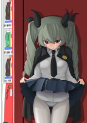 Rule 34 | 1girl, absurdres, anchovy (girls und panzer), anzio school uniform, black cape, black necktie, black ribbon, blue skirt, cape, clothes lift, commentary, cowboy shot, dress shirt, drill hair, girls und panzer, green hair, hair ribbon, helmet002, highres, lifting own clothes, long hair, long sleeves, looking at viewer, miniskirt, necktie, open mouth, panties, panties under pantyhose, pantyhose, pleated skirt, ribbon, school uniform, shirt, skirt, skirt lift, smile, solo, standing, thigh gap, twin drills, twintails, underwear, vending machine, white shirt, wing collar