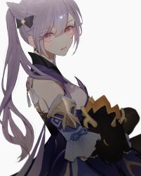 Rule 34 | 1girl, black bow, bow, cone hair bun, detached sleeves, earrings, from side, genshin impact, hair bow, hair bun, haruno ryo 1202, highres, jewelry, keqing (genshin impact), leash, long hair, looking at viewer, looking to the side, parted lips, purple eyes, purple hair, simple background, solo, twintails, viewer holding leash, white background