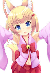 Rule 34 | 1girl, :d, animal ear fluff, animal ears, bare shoulders, bell, blonde hair, blue eyes, blush, bow, commentary request, detached sleeves, fang, fox ears, fox girl, fox tail, hair ornament, hairclip, head tilt, jingle bell, kemomimi oukoku kokuei housou, long hair, long sleeves, looking at viewer, maccha, mikoko (kemomimi oukoku kokuei housou), navel, open mouth, pleated skirt, red bow, red skirt, sidelocks, simple background, skirt, smile, solo, tail, twintails, virtual youtuber, white background, wide sleeves