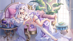 Rule 34 | 1girl, animal ear fluff, animal ears, bird, blue eyes, blush, book, bra, breasts, bridal legwear, cat ears, cat girl, cat tail, chandelier, chinese commentary, cleavage, commentary request, couch, criss-cross halter, feet, full body, hair bun, halterneck, highres, indoors, large breasts, long hair, looking at viewer, lying, on couch, on side, original, panties, parted lips, plant, silver hair, single hair bun, single thighhigh, solo, stirrup legwear, table, tail, thigh strap, thighhighs, toeless legwear, underwear, white bra, white panties, white thighhighs, yue xiao e