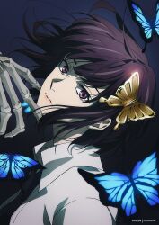 Rule 34 | 1girl, black necktie, blue background, blue butterfly, blurry, bob cut, bug, bungou stray dogs, butterfly, butterfly hair ornament, cioccolatodorima, collared shirt, commentary, depth of field, english commentary, expressionless, from side, hair between eyes, hair ornament, hairclip, hand on another&#039;s chin, head back, highres, insect, inverted bob, lips, looking at viewer, looking to the side, necktie, official style, purple eyes, purple hair, shirt, short hair, simple background, skeletal hand, solo, upper body, white shirt, yosano akiko