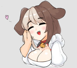Rule 34 | 1girl, :3, animal ears, bell, blonde hair, blush, breasts, brown hair, cleavage, closed eyes, dog ears, dog girl, fang, grey background, hachiko of castling, hch cheol, highres, last origin, medium breasts, multicolored hair, neck bell, open mouth, simple background, smile, solo focus, split-color hair, two-tone hair