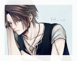 Rule 34 | 1boy, black gloves, black shirt, blue background, blue eyes, brown hair, chain, chain necklace, dated, earrings, expressionless, final fantasy, final fantasy viii, gloves, hand on own arm, hand on own face, hiryuu (kana h), jewelry, leaning forward, male focus, necklace, one eye closed, scar, scar on face, shirt, short hair, signature, simple background, solo, squall leonhart, stud earrings, t-shirt, upper body, v-neck
