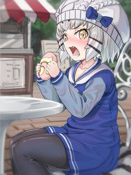 Rule 34 | 1girl, alternate costume, beanie, black pantyhose, blue bow, blush, bow, cat tail, day, eating, fang, food, grey hair, hat, hat bow, japari bun, kemono friends, long sleeves, looking at viewer, nyifu, open mouth, outdoors, pallas&#039;s cat (kemono friends), pantyhose, school uniform, short hair, sitting, solo, striped tail, table, tail, teeth, twitter username, yellow eyes