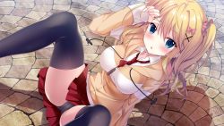 Rule 34 | 1girl, black panties, black thighhighs, blonde hair, blue eyes, blush, bow, breasts, cameltoe, day, from above, hair between eyes, hair bow, hair ornament, highres, kimi to hajimeru dasan tekina lovecome, long hair, looking at viewer, medium breasts, miniskirt, necktie, open mouth, outdoors, panties, pink bow, pleated skirt, red necktie, red skirt, sakura nono, side ponytail, skirt, solo, sousouman, sweater, thighhighs, underwear