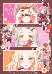 3girls alternate_costume averting_eyes blonde_hair blush brown_hair chocolate dotted_line earrings enmaided fingernails flying_sweatdrops food fruit gakuen_idolmaster grid_border happy_mille-feuille_(idolmaster) happy_valentine heart highres himesaki_rinami holding holding_chocolate holding_food idolmaster inset jewelry juo_sena looking_at_viewer maid multiple_girls official_alternate_costume outline pjkuasu shinosawa_hiro smile strawberry strawberry_slice stud_earrings sweatdrop valentine white_outline