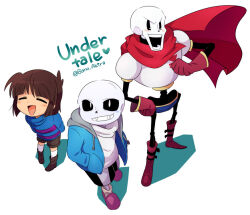 Rule 34 | 1other, 2boys, bano akira, blue jacket, blue sweater, boots, brown footwear, brown hair, brown shorts, closed eyes, frisk (undertale), gloves, grin, jacket, long sleeves, looking at viewer, multiple boys, open mouth, papyrus (undertale), pink footwear, red gloves, red scarf, sans (undertale), scarf, short hair, shorts, simple background, skeleton, slippers, smile, standing, striped clothes, striped sweater, sweater, undertale, white background, white sweater