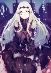 Rule 34 | 10s, 1girl, abyssal ship, aircraft carrier water oni, breasts, colored skin, dress, female focus, genyaky, gradient background, kantai collection, large breasts, long hair, ribbed dress, sailor dress, short dress, solo, thighhighs, white hair, white skin, zettai ryouiki