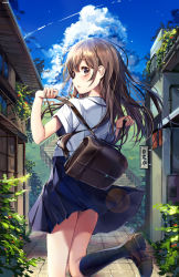 Rule 34 | 1girl, :o, absurdres, artist name, backpack, bag, black socks, blouse, blue skirt, blue sky, brown eyes, brown hair, building, cloud, collared shirt, contrail, day, fence, from behind, highres, holding, holding strap, house, kneehighs, leg up, lens flare, loafers, long hair, looking at viewer, mo:oku, original, parted lips, plant, pleated skirt, railing, school bag, school uniform, shirt, shoes, short sleeves, sidelocks, sign, skirt, sky, sleeves rolled up, socks, solo, stairs, standing, sunlight, sweat, tiles, translation request, walking, white shirt, window