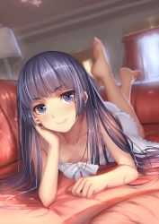 Rule 34 | 1girl, barefoot, black hair, blunt bangs, blurry, blush, bow, breasts, chemise, collarbone, couch, curtains, depth of field, downblouse, artistic error, feet, feet up, full body, gokou ruri, head rest, highres, hime cut, indoors, jpeg artifacts, lamp, lingerie, long hair, looking at viewer, lying, mole, mole under eye, musyne xsk, on couch, on stomach, ore no imouto ga konna ni kawaii wake ga nai, purple eyes, ringed eyes, sleeveless, small breasts, smile, solo, underwear, window, wrong foot