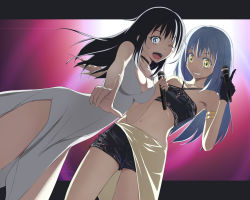 Rule 34 | 1girl, 1other, ;d, androgynous, armlet, black gloves, black hair, black shorts, blue eyes, breasts, choker, cleavage, collarbone, cool (am2), dress, dutch angle, floating hair, gloves, grin, halterneck, highres, holding, holding microphone, index finger raised, izawa shizue, long hair, looking at viewer, medium breasts, microphone, midriff, navel, one eye closed, open mouth, print shorts, rimuru tempest, short shorts, shorts, side slit, silver hair, sleeveless, sleeveless dress, smile, standing, stomach, tensei shitara slime datta ken, white dress, yellow eyes