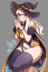 Rule 34 | 1girl, 2020, agawa ryou, black thighhighs, blonde hair, breasts, broom, cape, commentary, dated, grey background, halloween, hat, long hair, looking at viewer, original, red eyes, simple background, solo, thick thighs, thighhighs, thighs, witch hat