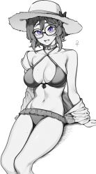Rule 34 | 1girl, :d, absurdres, arm support, bikini, blue eyes, breasts, genderswap, genderswap (mtf), glasses, greyscale, hat, highres, indie virtual youtuber, kushizaki (vtuber), large breasts, limited palette, medium breasts, monochrome, open mouth, sitting, smile, solo, spot color, st (youx1119), straw hat, swimsuit, venus symbol, virtual youtuber