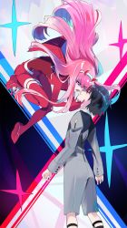 Rule 34 | 10s, 1boy, 1girl, black hair, bodysuit, commentary request, couple, darling in the franxx, gloves, green eyes, hair ornament, hairband, hand on another&#039;s chin, highres, hiro (darling in the franxx), horns, long hair, looking at another, mg nemuio, military, military uniform, necktie, oni horns, pilot suit, pink hair, red bodysuit, red gloves, red horns, red neckwear, short hair, uniform, wedge heels, white hairband, zero two (darling in the franxx)