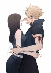 Rule 34 | 1boy, 1girl, alternate breast size, bare arms, bare shoulders, black shirt, blonde hair, breast press, breasts, brown hair, cloud strife, commentary, cowboy shot, earrings, final fantasy, final fantasy vii, flying sweatdrops, from side, hand up, highres, hug, jacket, jewelry, long hair, looking at another, maiii (smaii i), medium breasts, red ribbon, ribbon, shirt, short hair, shoulder pads, shy, simple background, smile, spiked hair, square enix, symbol-only commentary, tifa lockhart, white background