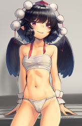 Rule 34 | 1girl, bare arms, bare shoulders, bird wings, black hair, black wings, boa (brianoa), chest sarashi, collarbone, cowboy shot, fundoshi, grey background, hat, highres, japanese clothes, looking at viewer, navel, pom pom (clothes), red eyes, red hat, sarashi, shameimaru aya, short hair, smile, solo, stomach, tokin hat, touhou, wings, wrist cuffs