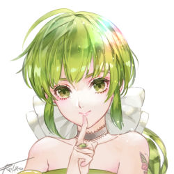Rule 34 | 1girl, bare shoulders, black choker, bow, choker, closed mouth, green eyes, green hair, jewelry, lips, long hair, looking at viewer, niji2468, ponytail, saga, saga frontier 2, simple background, smile, solo, virginia knights, white background