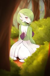 Rule 34 | 1girl, absurdres, androgynous, ass, blush, bob cut, bush, colored skin, creatures (company), curvy, dress, feet, forest, fraankyy, from behind, game freak, gardevoir, gen 3 pokemon, green hair, green skin, hair over one eye, highres, looking at viewer, looking back, nature, nintendo, on floor, open mouth, pokemon, pokemon (creature), red eyes, short hair, sitting, solo focus, thick thighs, thighs, tongue, white dress, white skin, wide hips