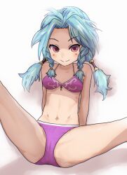 Rule 34 | 1girl, absurdres, arm support, bikini, blue hair, braid, breasts, cameltoe, highres, looking at viewer, marion (rune factory), navel, parted bangs, pasheri, purple bikini, purple eyes, rune factory, rune factory 3, side braids, small breasts, smile, solo, spread legs, swimsuit, twintails