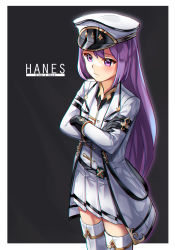 Rule 34 | 1girl, absurdres, black background, character name, closed mouth, coat, copyright name, cowboy shot, crossed arms, dress shirt, hanus (king&#039;s raid), hat, highres, king&#039;s raid, long coat, long hair, long sleeves, looking at viewer, military, military hat, military uniform, miniskirt, open clothes, open coat, peaked cap, pleated skirt, purple eyes, purple hair, shirt, skirt, solo, standing, thighhighs, typo, uniform, vladislav ton, white coat, white hat, white shirt, white skirt, white thighhighs, wing collar, zettai ryouiki