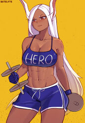 Rule 34 | 1girl, abs, absurdres, alternate costume, animal ears, artist name, blue gloves, blue shorts, blue sports bra, boku no hero academia, breasts, cleavage, closed mouth, clothes writing, dark-skinned female, dark skin, dumbbell, exercising, gloves, highres, large breasts, long hair, mirko, muscular, muscular female, navel, rabbit ears, rabbit girl, red eyes, satelyte, shorts, simple background, solo, sports bra, weightlifting, white hair, yellow background