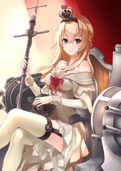 Rule 34 | 1girl, bad id, bad pixiv id, blonde hair, blue eyes, braid, cannon, corset, crown, dress, flower, french braid, garter straps, globus cruciger, hair between eyes, hairband, hat, itsuwa (continue), jewelry, kantai collection, long hair, long sleeves, machinery, mast, mini crown, necklace, off-shoulder dress, off shoulder, peaked cap, red flower, red ribbon, red rose, ribbon, rose, scepter, sitting, solo, thighhighs, throne, turret, warspite (kancolle), white dress, white thighhighs