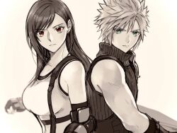 Rule 34 | 1boy, 1girl, 3wa tari, arm guards, armor, back-to-back, bare shoulders, black gloves, black hair, black sports bra, blue eyes, breasts, closed mouth, cloud strife, commentary, crop top, elbow gloves, final fantasy, final fantasy vii, final fantasy vii rebirth, final fantasy vii remake, fingerless gloves, gloves, large breasts, long hair, looking at viewer, red eyes, ribbed sweater, shoulder armor, simple background, sleeveless, sleeveless turtleneck, spiked hair, sports bra, spot color, suspenders, sweater, swept bangs, symbol-only commentary, tank top, tifa lockhart, turtleneck, turtleneck sweater, upper body, white tank top