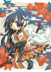 Rule 34 | black hair, horns, japanese clothes, leaf, misumi (summon night), oni, single horn, solo, summon night, sword, weapon