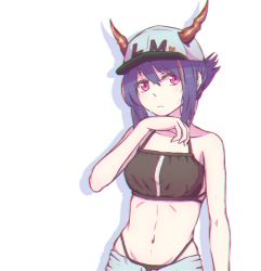 Rule 34 | 1girl, arknights, bare arms, bare shoulders, baseball cap, bikini, black bikini, blue hair, breasts, ch&#039;en (arknights), ch'en (arknights), chromatic aberration, commentary request, dragon horns, female tourist c (arknights), hair between eyes, hand up, hat, heart, highleg, highleg bikini, horns, horns through headwear, looking at viewer, navel, official alternate costume, parted lips, partial commentary, pink eyes, reizouko, short hair, sidelocks, simple background, small breasts, solo, stomach, swimsuit, upper body, white background