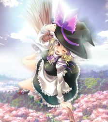 Rule 34 | 1girl, blonde hair, broom, broom riding, female focus, hat, kirisame marisa, long hair, maki (seventh heaven maxion), one eye closed, sidesaddle, smile, solo, touhou, wink, witch, witch hat, yellow eyes